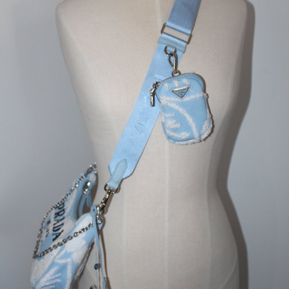 Prada Re-Edition 2005 Embroidered Drill Shoulder Bag wPouch Blue White Crossbody - Picture 16 of 16